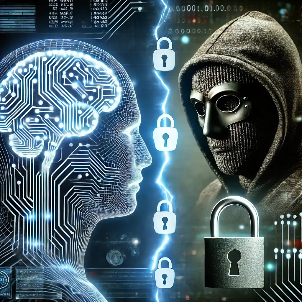 This image depicts a futuristic digital concept illustrating the tension between artificial intelligence (AI) and cyber fraud. On the left, there is a glowing AI head with circuit-like patterns symbolizing intelligence, technology, and digital security. On the right, a masked figure wearing a hoodie represents a cybercriminal or fraudster, embodying the threat of hacking or data breaches. Between them is a dividing line of energy with multiple padlock icons, symbolizing the battle for data protection and cybersecurity. The image emphasizes the importance of securing AI systems against malicious activities.