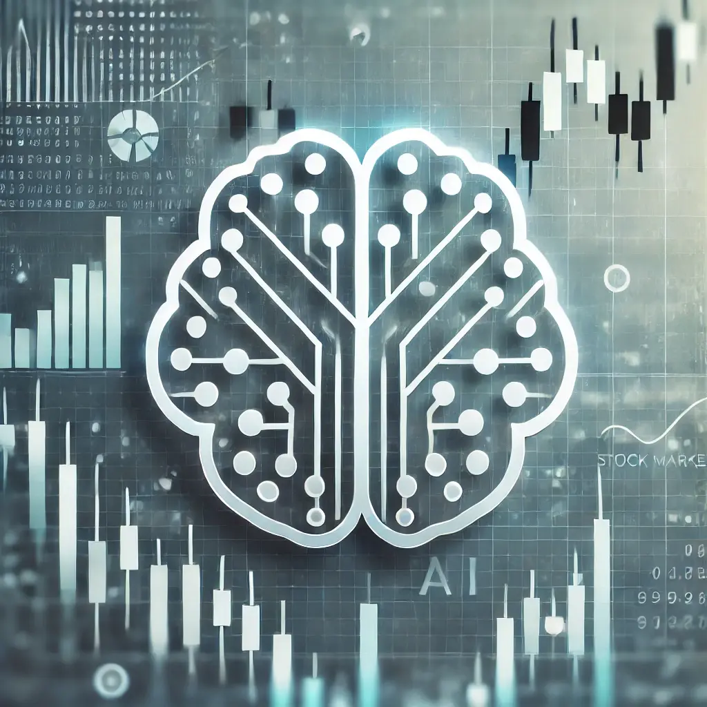 An illustration representing AI in stock trading, featuring a simple digital brain icon symbolizing artificial intelligence. The background includes muted stock market graphs and candlestick charts with soft, professional colors like gray, blue, and light green. The design is sleek, minimalistic, and visually soothing, aimed at conveying a modern financial and technological theme.