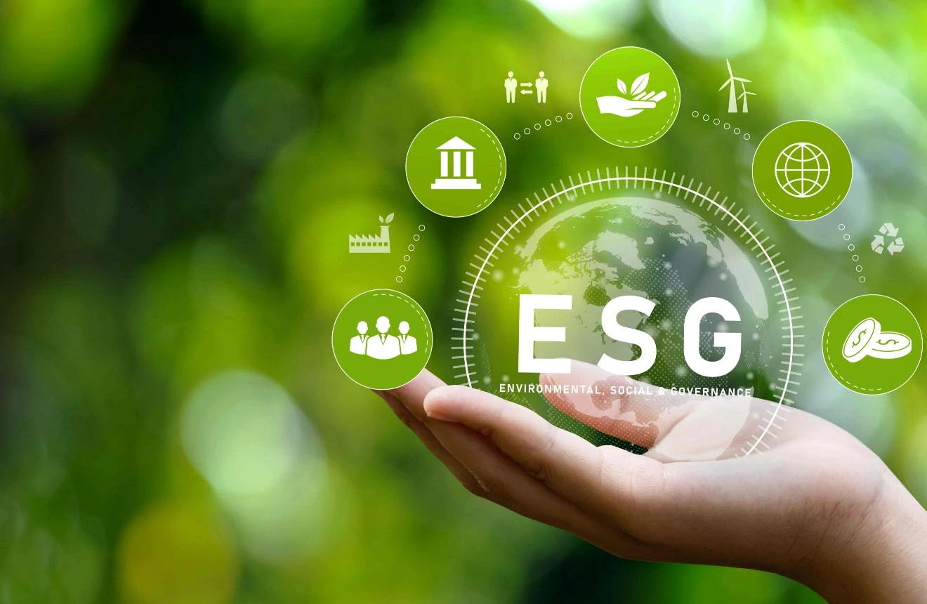 Infographic featuring the ESG (Environmental, Social, and Governance) framework, detailing the key factors of environmental sustainability, social responsibility, and corporate governance. It highlights various criteria such as climate change, human rights, labor standards, board composition, and anti-corruption measures, providing a comprehensive overview of how businesses can manage risks and opportunities related to sustainability.