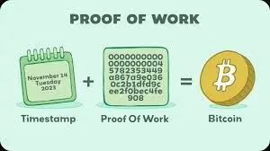 An infographic titled 'Proof of Work' showing a process for Bitcoin generation. On the left is a calendar labeled 'Timestamp,' in the middle is a hash-like sequence labeled 'Proof of Work,' and on the right is a Bitcoin symbol, illustrating how timestamps and computational proof combine to produce Bitcoin.