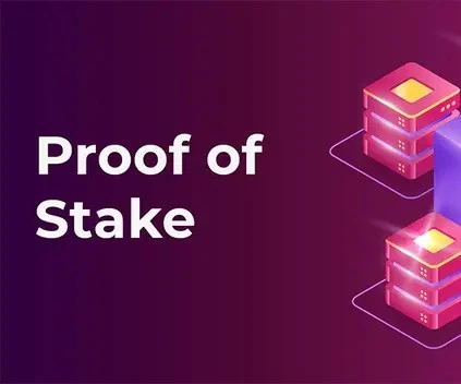 The image displays the text "Proof of Stake" on a gradient purple background. Next to the text are graphical representations of servers, symbolizing blockchain or digital infrastructure. The overall design highlights the concept of Proof of Stake in blockchain technology, with an emphasis on security and decentralized systems.