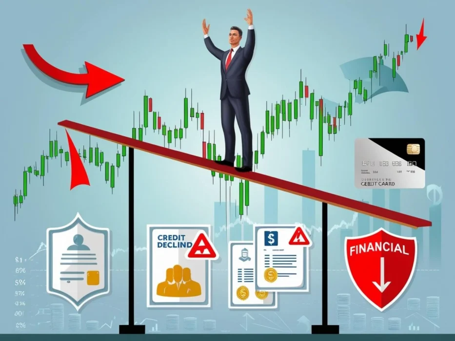 A conceptual digital illustration depicting financial risk and its management. A businessman in a suit stands on a tilting balancing beam above a fluctuating stock market graph. The image includes symbols of financial risk such as a downward red arrow, a credit card with a 'declined' sign, and a financial warning shield. On the other side, icons representing financial protection, such as insurance documents and diversified investments, are displayed. The background features financial charts and a city skyline.