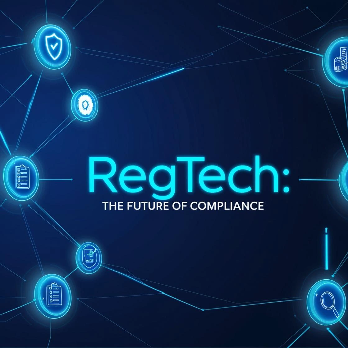 A futuristic digital interface featuring interconnected nodes and compliance-related icons, such as a shield, a checklist, and a magnifying glass, glowing against a dark blue background. At the center, the bold text 'RegTech: The Future of Compliance' is illuminated, symbolizing the integration of advanced technology in regulatory frameworks Efficiency & Cost Reduction – Icon of automation gears reducing manual effort. Improved Risk Management – Shield icon with AI-driven risk analytics. Adaptability to Regulatory Changes – Dynamic compliance checklist updating in real-time. Enhanced Data Management & Reporting – Cloud database with security locks and regulatory filings. Fraud Detection & Prevention – AI-powered surveillance monitoring financial transactions. The background includes a subtle futuristic tech grid, emphasizing digital transformation in compliance.