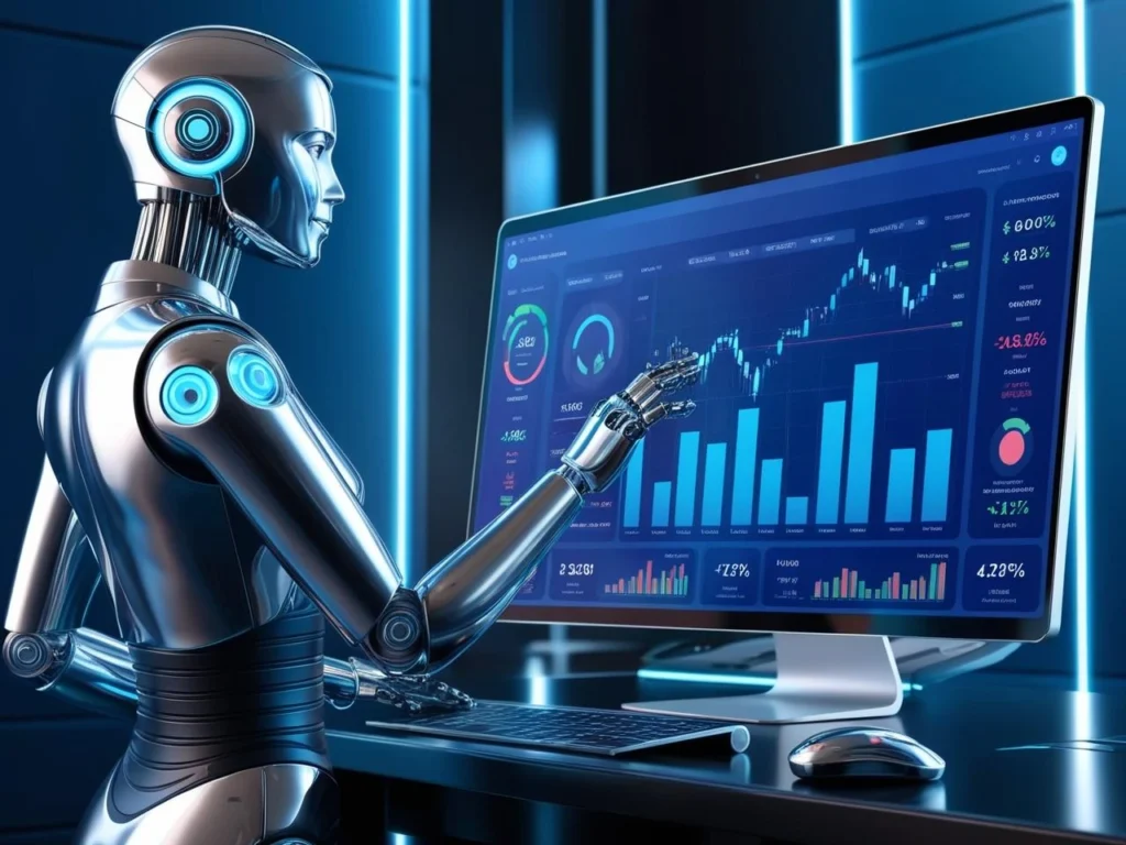 A sleek, futuristic robot with glowing blue accents is actively interacting with a digital financial dashboard. The dashboard displays various stock charts, portfolio performance metrics, and investment analytics in a high-tech, cyber-themed environment. The robot symbolizes AI-driven financial management and automated investing