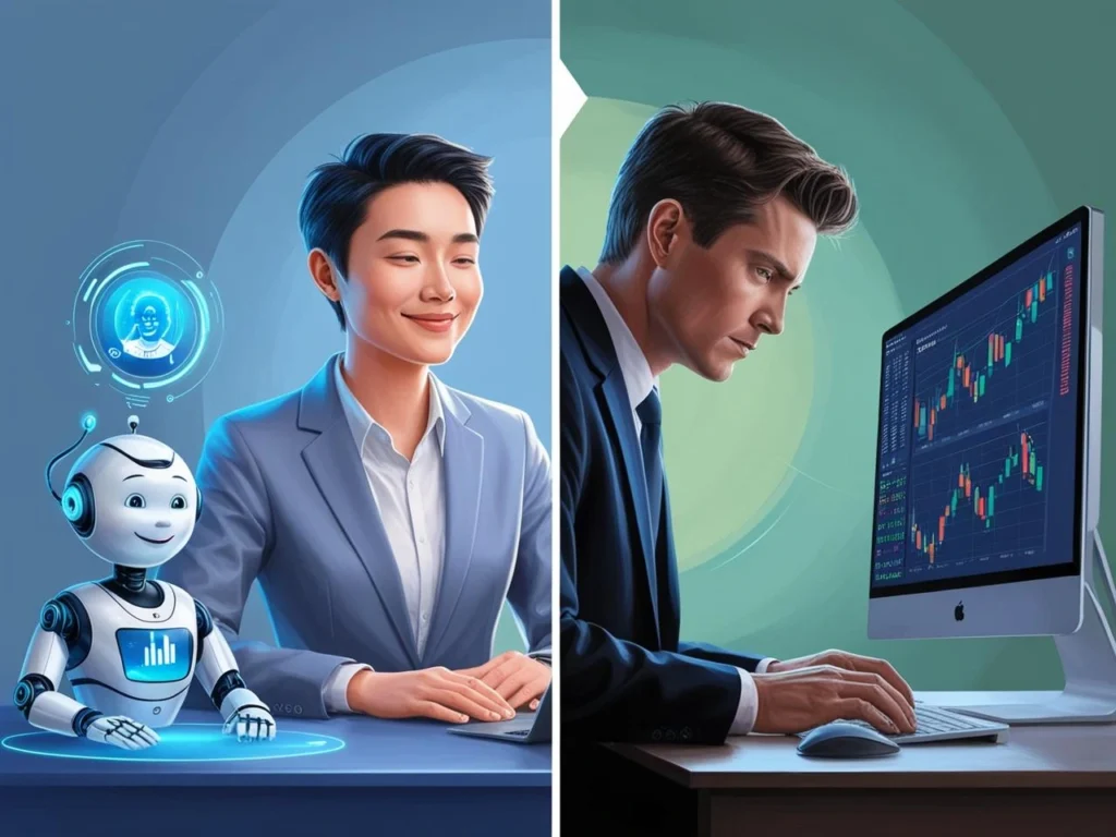 A split-screen illustration showcasing two types of investors. On the left, a beginner investor is smiling while a friendly AI-powered robo-advisor assists in managing their portfolio. The AI assistant has a futuristic holographic interface. On the right, a serious and focused investor is manually analyzing stock charts on a large monitor, representing a hands-on investment approach.