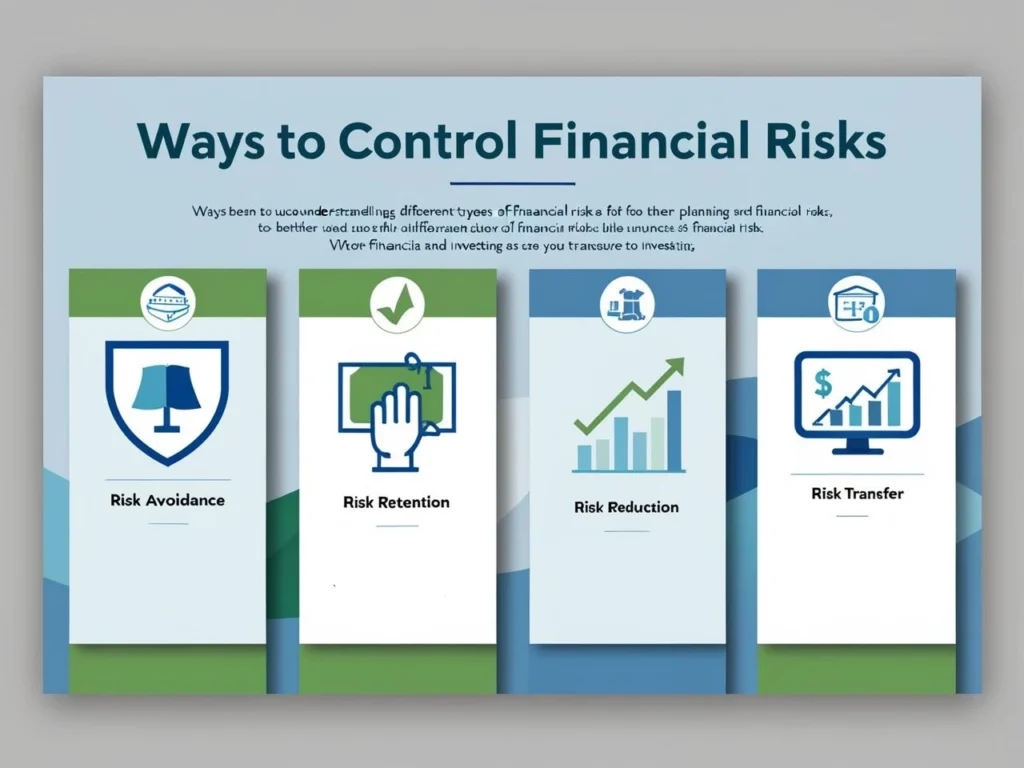 An infographic titled "Ways to Control Financial Risks" with a blue and green color scheme. It features four key financial risk management strategies, each represented with an icon and a label:

Risk Avoidance – Displayed with a shield icon, symbolizing protection from financial risks.
Risk Retention – Illustrated with a hand holding a money bill, representing accepting financial responsibility.
Risk Reduction – Shown with a bar chart and an upward arrow, indicating diversification to minimize losses.
Risk Transfer – Depicted with a computer screen displaying a financial growth chart, symbolizing shifting risk to a third party.