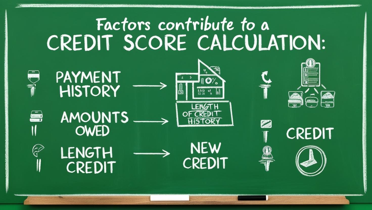 A chalkboard-style illustration explaining factors that contribute to credit score calculation. The board lists key elements such as payment history, amounts owed, and length of credit, each represented with simple chalk drawings and arrows leading to related financial concepts like credit history and new credit. The design resembles a classroom setting, making financial literacy visually accessible.